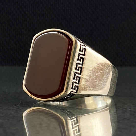 925 Solid Silver Red Agate Stone Men Ring