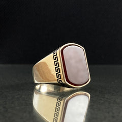 925 Solid Silver Red Agate Stone Men Ring