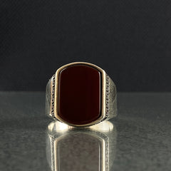 925 Solid Silver Red Agate Stone Men Ring