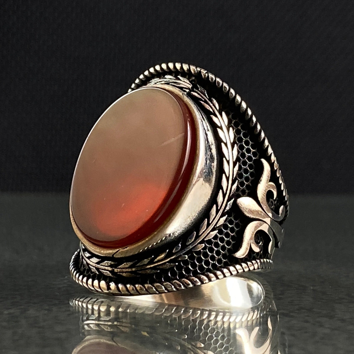 Oval Red Agate Stone 925 Solid Silver Men Ring