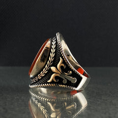 Oval Red Agate Stone 925 Solid Silver Men Ring