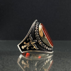 Oval Red Agate Stone 925 Solid Silver Men Ring