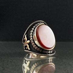 Oval Red Agate Stone 925 Solid Silver Men Ring