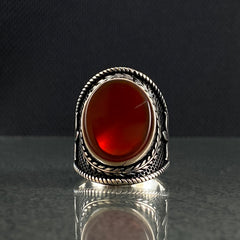 Oval Red Agate Stone 925 Solid Silver Men Ring