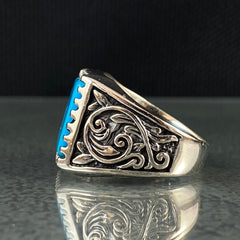 Blue Turquoise Stone 925 Original Silver Men Handmade Ring