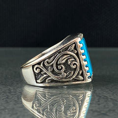 Blue Turquoise Stone 925 Original Silver Men Handmade Ring