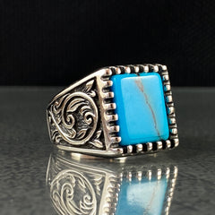 Blue Turquoise Stone 925 Original Silver Men Handmade Ring