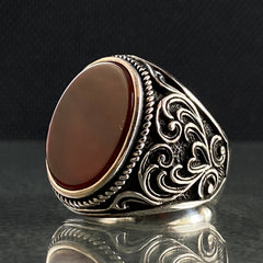 Oval Red Agate Stone 925 Silver Men Ring