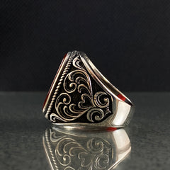 Oval Red Agate Stone 925 Silver Men Ring