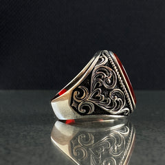 Oval Red Agate Stone 925 Silver Men Ring