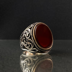 Oval Red Agate Stone 925 Silver Men Ring