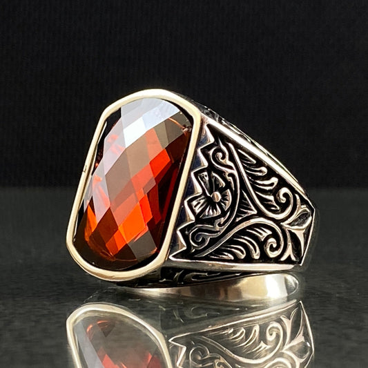 Classic Daily Red Ruby Stone 925 Solid Silver Handengraved Ring