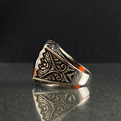 Classic Daily Red Ruby Stone 925 Solid Silver Handengraved Ring