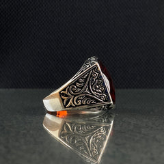 Classic Daily Red Ruby Stone 925 Solid Silver Handengraved Ring