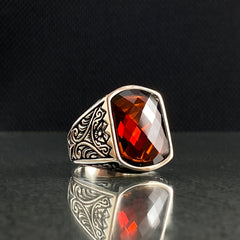 Classic Daily Red Ruby Stone 925 Solid Silver Handengraved Ring