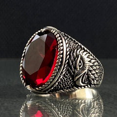 Angry Eagle Red Ruby Stone 925 Silver Men Ring