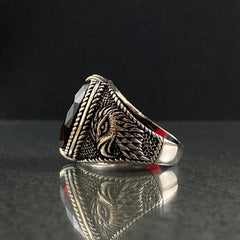 Angry Eagle Red Ruby Stone 925 Silver Men Ring