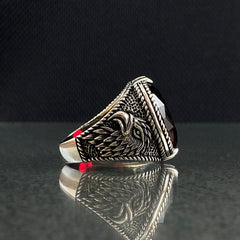 Angry Eagle Red Ruby Stone 925 Silver Men Ring