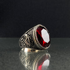 Angry Eagle Red Ruby Stone 925 Silver Men Ring