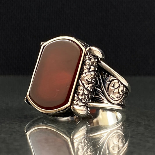 Handengraved 925 Silver Red Agate Stone Men Ring