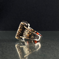 Handengraved 925 Silver Red Agate Stone Men Ring