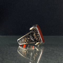 Handengraved 925 Silver Red Agate Stone Men Ring