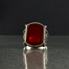 Handengraved 925 Silver Red Agate Stone Men Ring