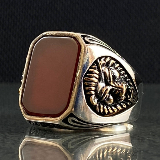 Red Agate Gemstone Lion 925 Silver Men Ring