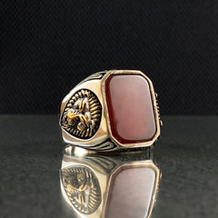 Red Agate Gemstone Lion 925 Silver Men Ring