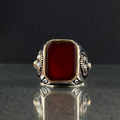 Red Agate Gemstone Lion 925 Silver Men Ring