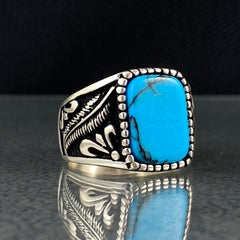 Blue Turquoise Original 925 Solid Silver Handmade Men Ring