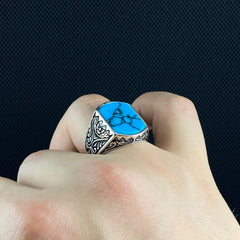 Turquoise Stone 925 Silver Men Hand Engraved Ring