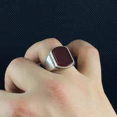 925 Solid Silver Red Agate Stone Men Ring