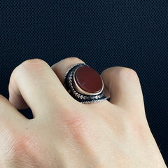 Oval Red Agate Stone 925 Solid Silver Men Ring