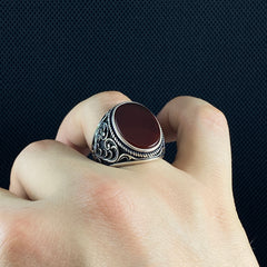 Oval Red Agate Stone 925 Silver Men Ring