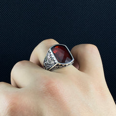 Classic Daily Red Ruby Stone 925 Solid Silver Handengraved Ring