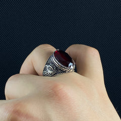 Angry Eagle Red Ruby Stone 925 Silver Men Ring