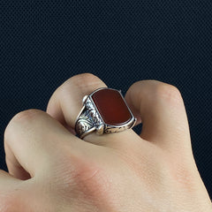 Handengraved 925 Silver Red Agate Stone Men Ring