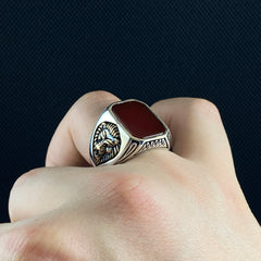 Red Agate Gemstone Lion 925 Silver Men Ring