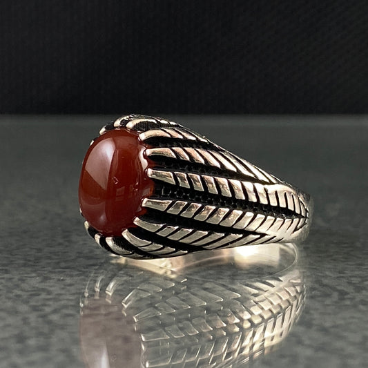 Classic Natural Red Agate Stone Original 925 Sterling Silver Handmade Men Ring