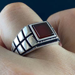 Original 925 Silver Red Agate Stone Handmade Men Ring