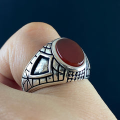 Oval Red Agate Stone 925 Sterling Silver Handmade Men Ring