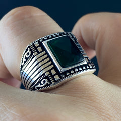 Green Emerald Stone 925 Sterling Silver Handmade Men Ring