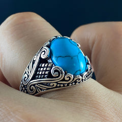 Oval Blue Turquoise Stone 925 Sterling Silver Handmade Men Ring