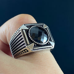 Round Stone 925 Sterling Silver Onyx Men Ring