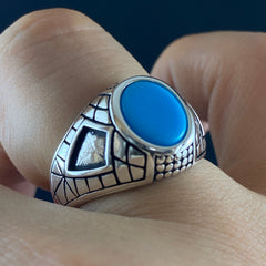 Minimalist Blue Turquoise Stone 925 Sterling Silver Handmade Men Ring