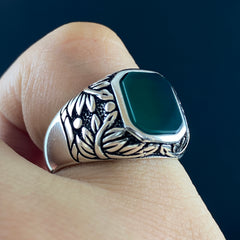 Hand Engraved Green Agate Stone 925 Solid Silver Men Ring