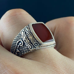 Red Agate Stone 925 Sterling Silver Handmade Men Ring