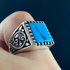 Blue Turquoise Stone 925 Original Silver Men Handmade Ring