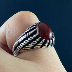 Classic Natural Red Agate Stone Original 925 Sterling Silver Handmade Men Ring